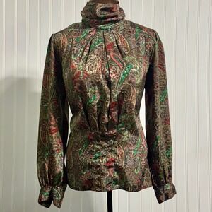 Vintage Nicola Paisley Blouse 8 High Neck Office Siren Librarian Core 80s Retro